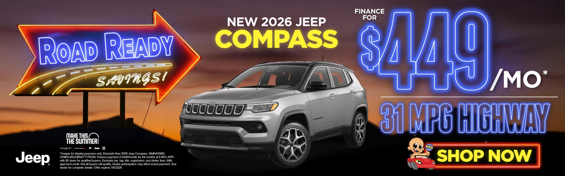 NEW 2026 JEEP COMPASS	Finance for $449/month* 31 MPG HIGHWAY