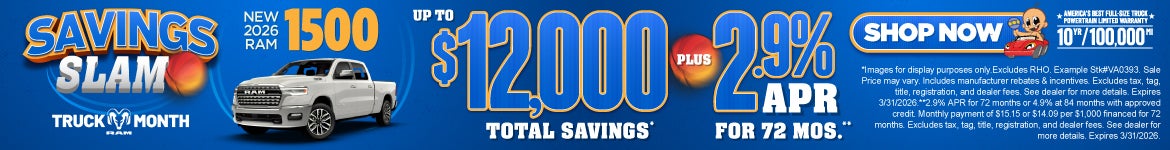 NEW 2026 RAM 1500	UP TO $12,000 TOTAL SAVINGS (1)